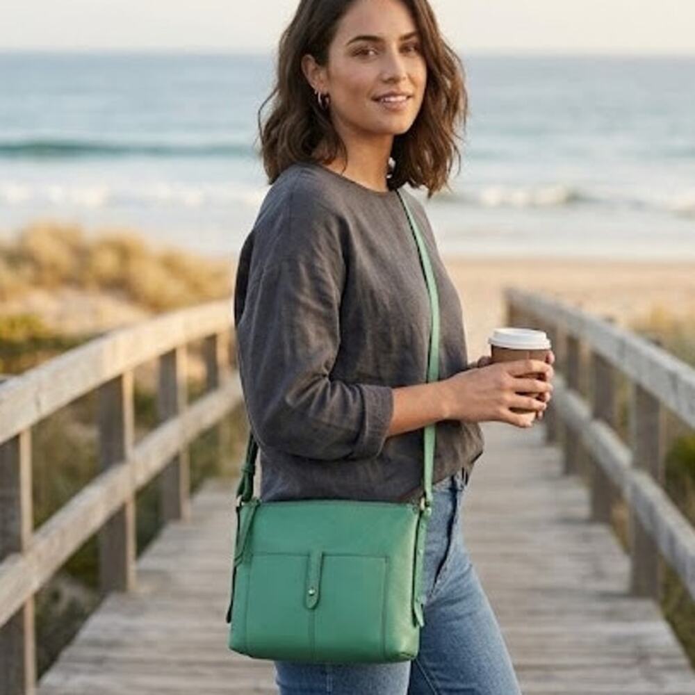 Fossil Heritage Green Pebbled Leather Crossbody Bag Travel Lightweight - Picture 1 of 11